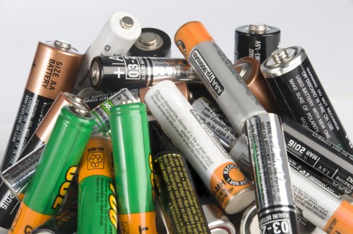 A close-up image showing a collection of used batteries of various sizes and types scattered on a surface. The batteries include standard AA, AAA, C, D, and 9V sizes, with different brands and labels visible, featuring metallic, black, white, green, and orange colour schemes. The background appears to be a neutral surface, possibly a table or floor, with no additional objects or environment visible. This image illustrates common household waste items that require proper disposal or recycling, relevant to rubbish removal services such as those provided by Commercial Waste Bromley in the Bromley area. The batteries' worn labels and mixed placement highlight the importance of responsible waste disposal to prevent environmental contamination. The lighting is even and natural, emphasizing the textures and colours of the batteries without significant shadows or reflections, supporting a clear and detailed visual description suitable for accessibility purposes.